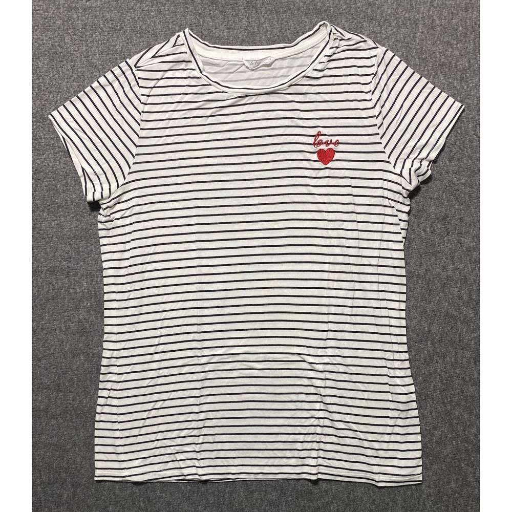 Britney Womens Striped Love Heart T-Shirt White Black Short Sleeve Top Size S